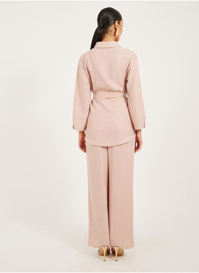 Styli - Regular fit longline shirt with gold buttons and wide leg pants modest set - Image 1