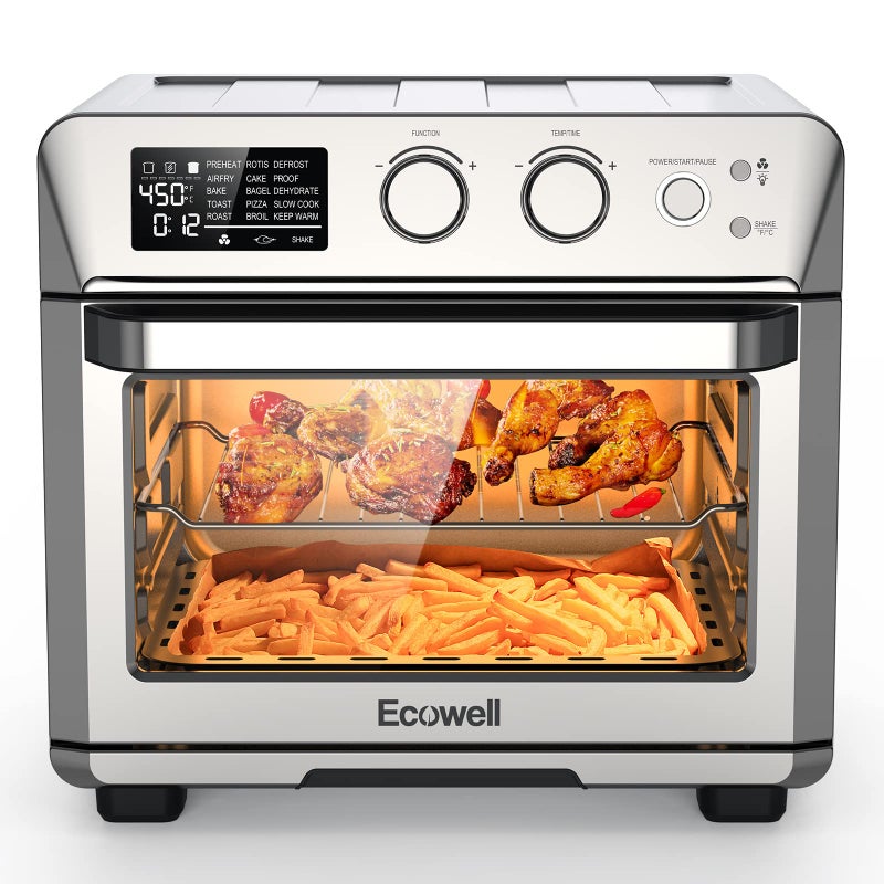 قلاية الهواء ECOWELL 264QT لقلي الدجاج 15 في 1 قلاية هوائية/تحميص/خبز/تجفيف/شوي/إعادة تسخين بدقة 150-450 فهرنهايت تسخين 85 أقل زيت طهي صحي سلة آمنة للغسل في غسالة الصحون للمنزل