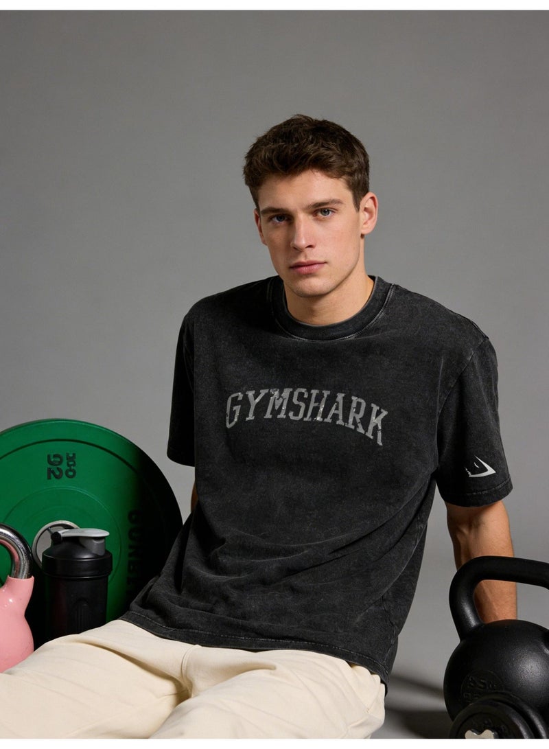 جيمشارك Gymshark فضفاضة عارضة تي شيرت الرجعية غسلت القطن نسيج ناعم الرياضة الجوكر الرجال والنساء مع نفس الفقرة. - Image 1