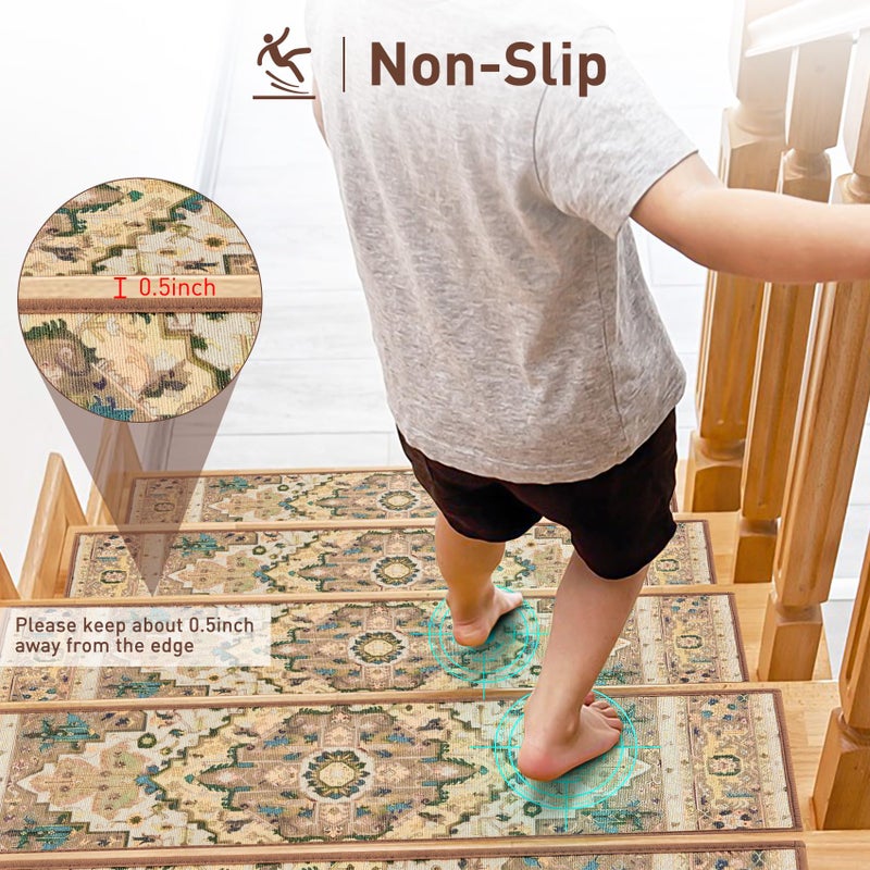 KOOTETA Stair Treads for Wooden Steps Indoor, 15 Pack 8" X 30" Non Slip Carpet Stair Treads with Reusable Adhesive for Kids Elders and Dogs, TPR Backing Stair Rugs Oriental Staircase Step Treads,Bohemia - Image 3