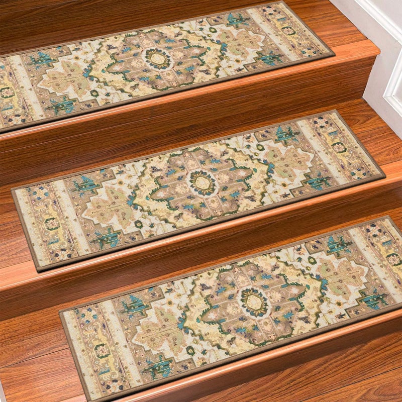 KOOTETA Stair Treads for Wooden Steps Indoor, 15 Pack 8" X 30" Non Slip Carpet Stair Treads with Reusable Adhesive for Kids Elders and Dogs, TPR Backing Stair Rugs Oriental Staircase Step Treads,Bohemia - Image 1