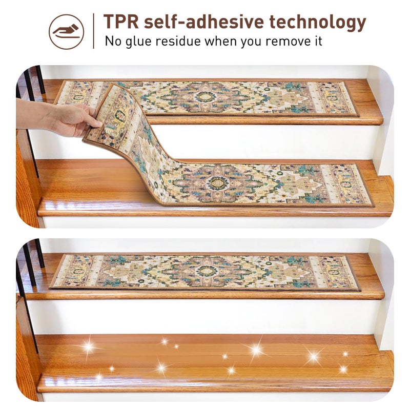 KOOTETA Stair Treads for Wooden Steps Indoor, 15 Pack 8" X 30" Non Slip Carpet Stair Treads with Reusable Adhesive for Kids Elders and Dogs, TPR Backing Stair Rugs Oriental Staircase Step Treads,Bohemia - Image 5