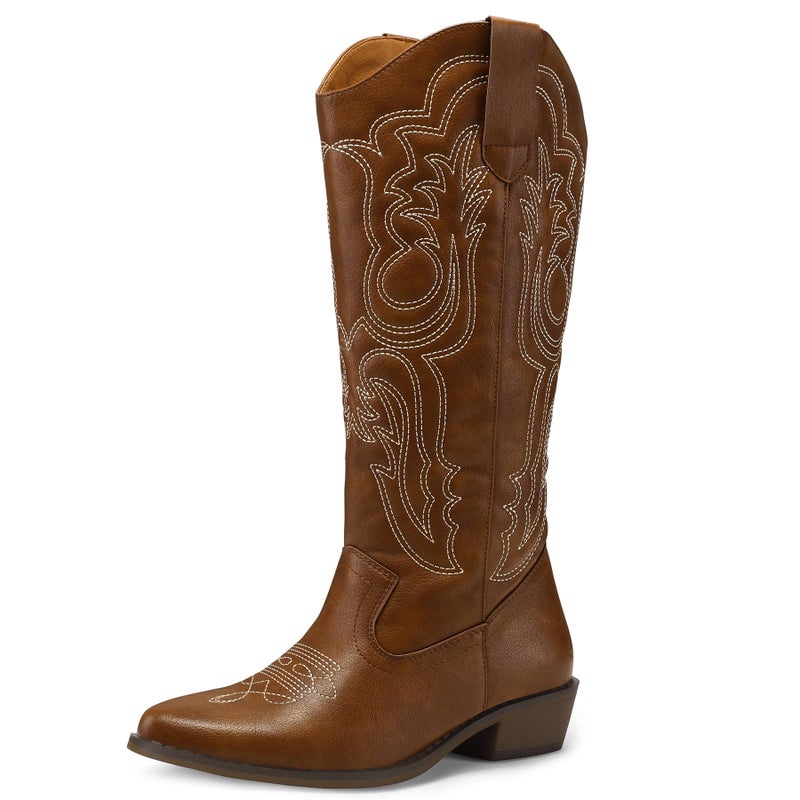 mysoft Women's Cowboy Boots Mid Calf Cowgirl Embroidered Western Pointed Toe Chunky Heel Pull On Knee High Boots - Image 1