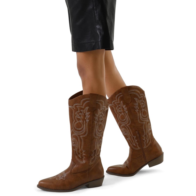mysoft Women's Cowboy Boots Mid Calf Cowgirl Embroidered Western Pointed Toe Chunky Heel Pull On Knee High Boots - Image 3