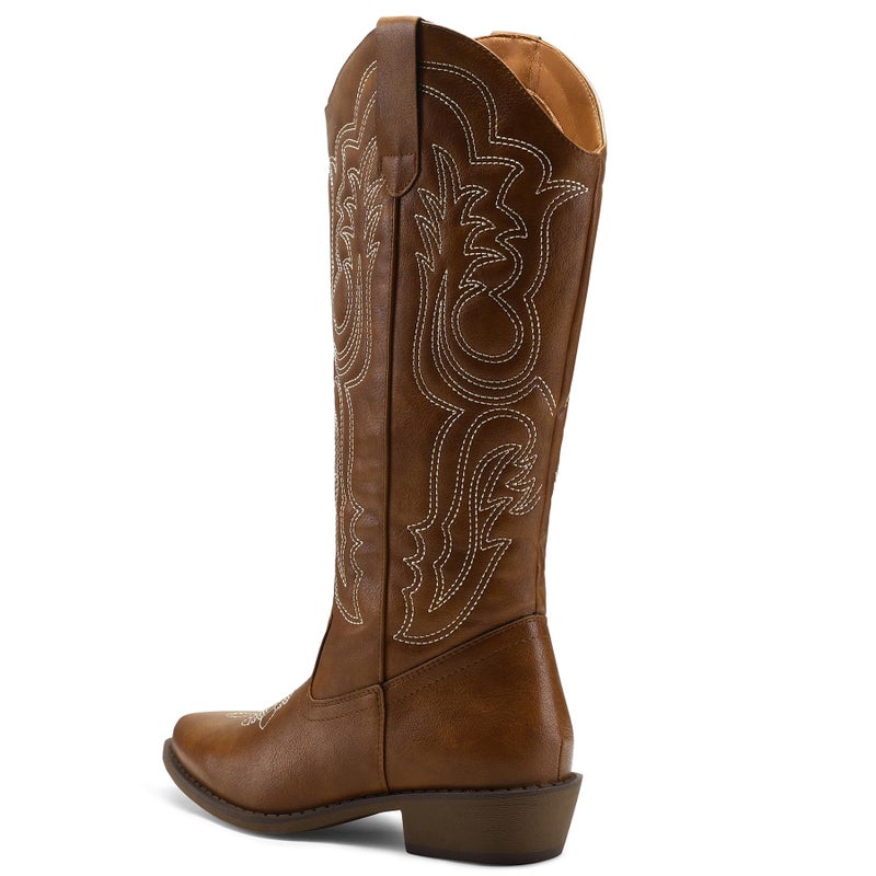 mysoft Women's Cowboy Boots Mid Calf Cowgirl Embroidered Western Pointed Toe Chunky Heel Pull On Knee High Boots - Image 5