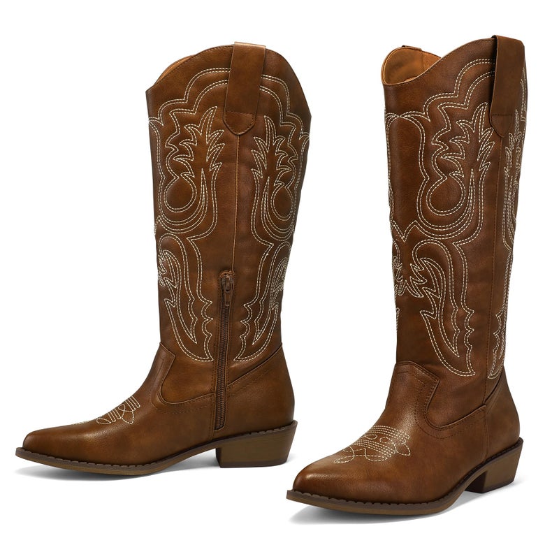 mysoft Women's Cowboy Boots Mid Calf Cowgirl Embroidered Western Pointed Toe Chunky Heel Pull On Knee High Boots - Image 4