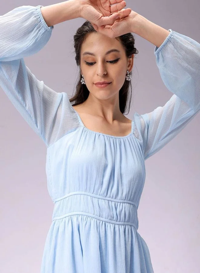 Women Fit and Flared Solid Sweetheart Neck Long Sleeve Mini Dress