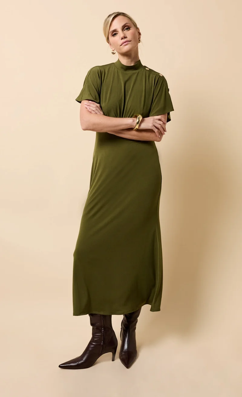 Khaki Button Detail Midaxi Dress