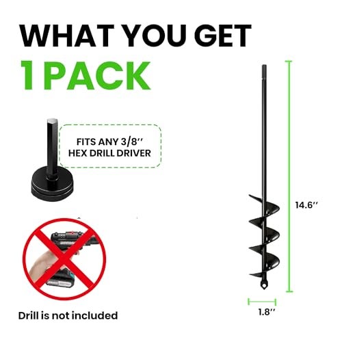 K-Brands KBrands Auger Drill Bit for Planting 18 x 146 Inch Garden Spiral Hole and Bulb Planter Tool for Umbrella Holes 38 Inch Hex Drive - Image 3