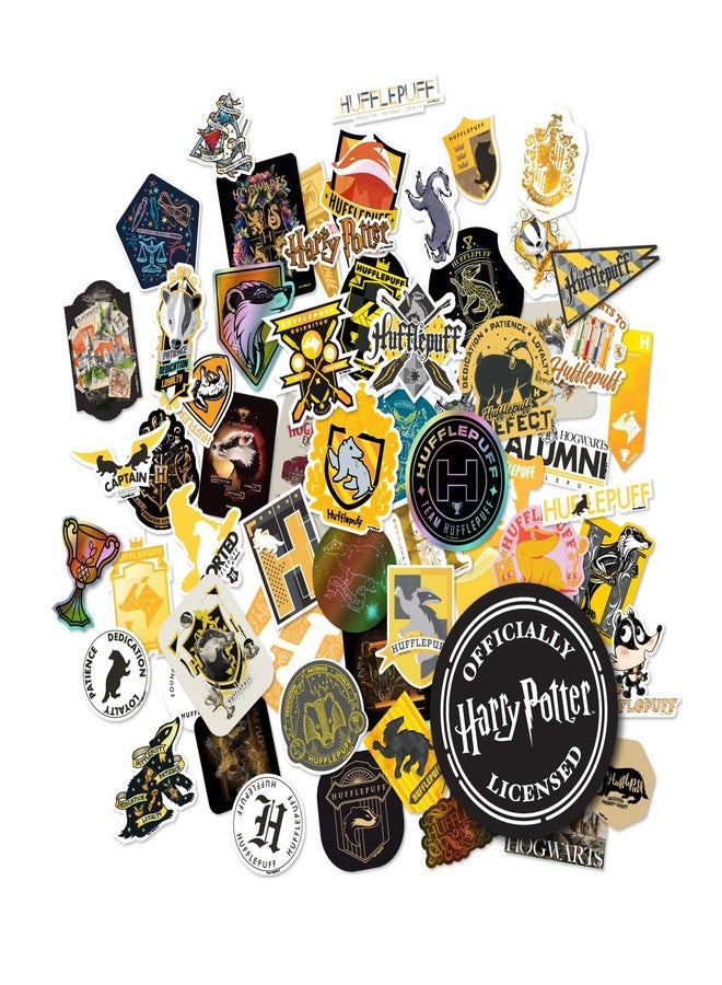 CONQUEST Harry Potter Hufflepuff Hogwarts House Vinyl Sticker Decal Pack, 60-Count, 5 Hologram Stickers, Waterproof, UV & Scratch-Resistant, Decals for Laptops, Water Bottles, Notes & More, Officially Licensed - Image 1