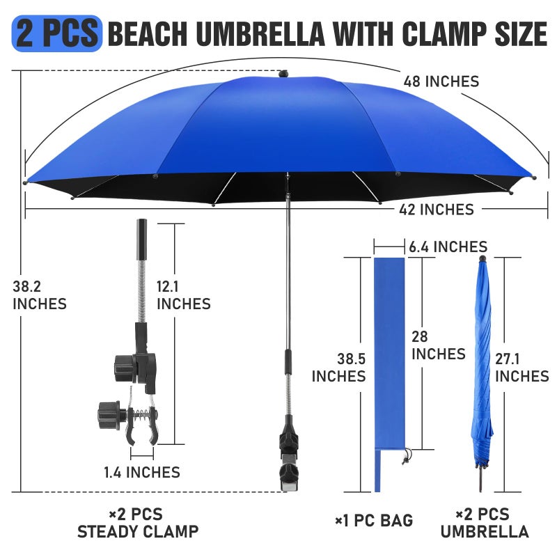 NBtoUS 2 PACK Chair Umbrella with Clamp, 360 Â° Adjustable, UPF50+ Sunshade for Beach Chair, Patio Chair, Camping Chair, Golf Carts(Azure Blue, Not Include Chair) - Image 4