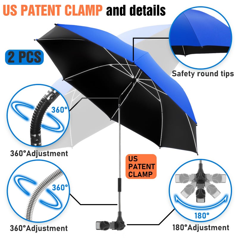 NBtoUS 2 PACK Chair Umbrella with Clamp, 360 Â° Adjustable, UPF50+ Sunshade for Beach Chair, Patio Chair, Camping Chair, Golf Carts(Azure Blue, Not Include Chair) - Image 3