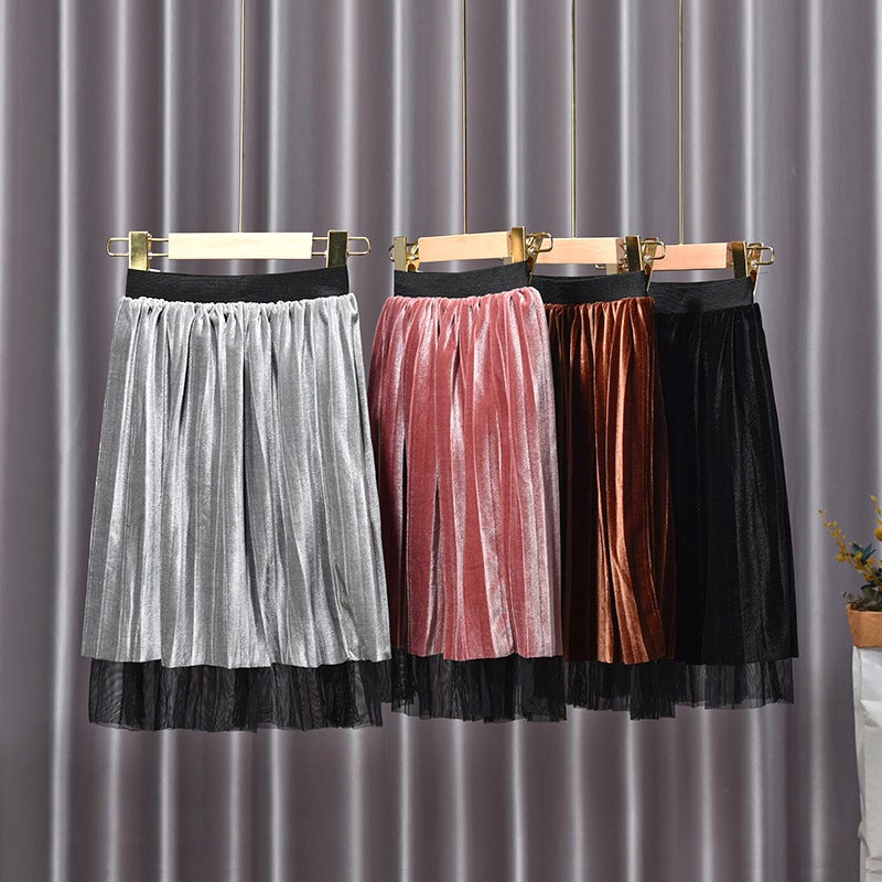 Children'S Clothing 2021 Autumn New Girls' Skirt Middle And Big Children'S Double-Sided Dress Children'S Gold Velvet Pleated Skirt Autumn Skirt - Image 2