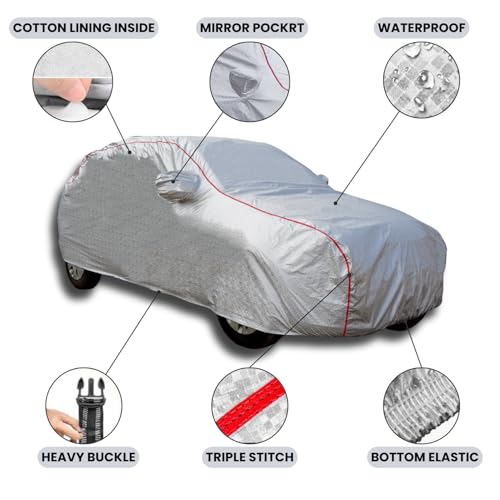 Slamio Car Cover for Maruti Suzuki Brezza 2022-2026 Model | Waterproof, Dustproof, UV Resistant | All-Weather Protection with Mirror Pockets | Custom Fit, Triple Stitch | Metallic Silver - Image 3