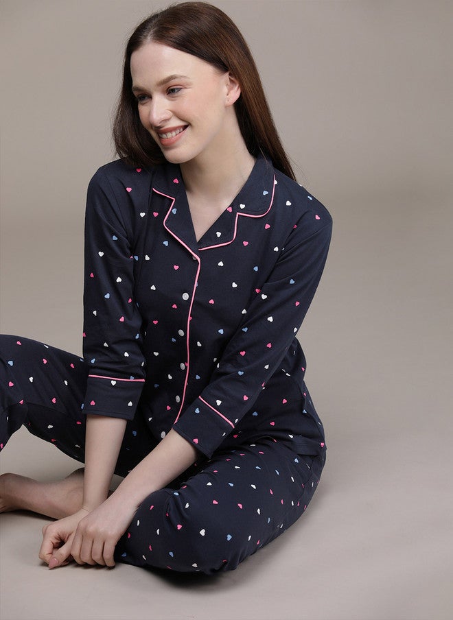 beebelle Women Navy Blue & Pink Printed Pure Cotton Night Suit - Image 2