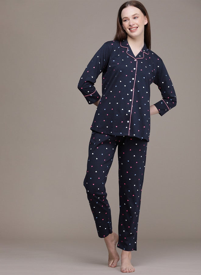 beebelle Women Navy Blue & Pink Printed Pure Cotton Night Suit - Image 5