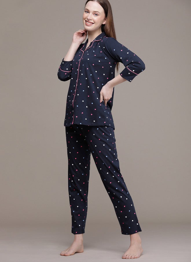 beebelle Women Navy Blue & Pink Printed Pure Cotton Night Suit - Image 3