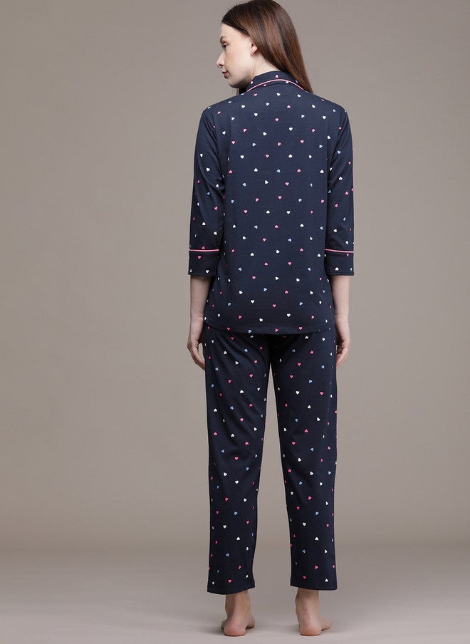 beebelle Women Navy Blue & Pink Printed Pure Cotton Night Suit - Image 4