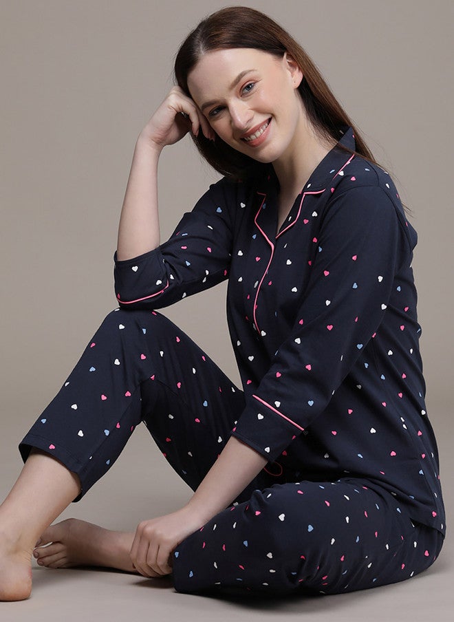 beebelle Women Navy Blue & Pink Printed Pure Cotton Night Suit - Image 1