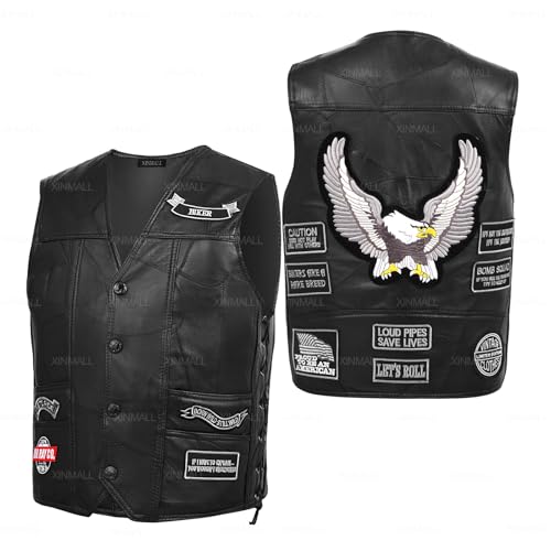 XINMALL Motorcycle Genuine Leather Biker Vest for Men Club Style Classic Black With Patches US Alpha XXLarge Regular Regular Black - Image 1