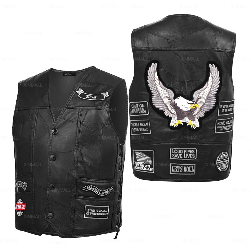 XINMALL Motorcycle Genuine Leather Biker Vest for Men Club Style Classic Black With Patches US Alpha XXLarge Regular Regular Black - Image 2