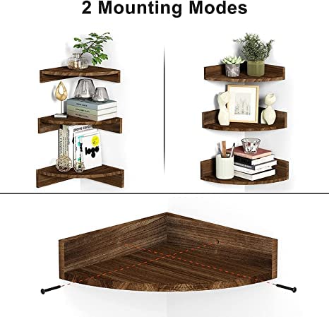 carpentray Sheesham Wood Corner Shelf Wall Mount Set of 3 Floating Shelves for Wall Storage and Display Rustic Wall Shelves Wood Shelves for Bedroom Kitchen Living Room Office Dark Brown - Image 5