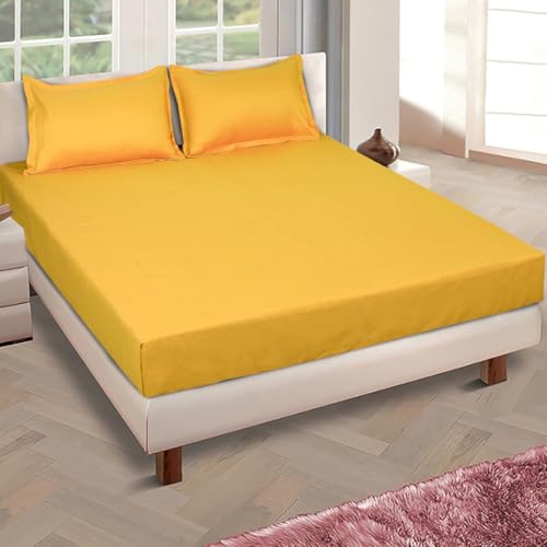 ROMEE Elegant Solid Cotton Double Bedsheet, 150 TC Soft Feel, Queen Size (90 x 100 Inches), with 2 Pillow Covers, Yellow - Image 1