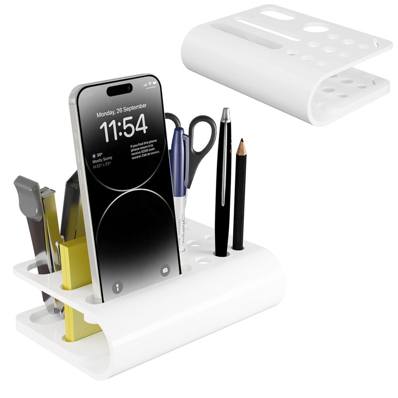 3 Lines Acrylic Tiny Twist Pen and Pencil Stationary Storage | Phone Stand | Mini Desk Organizer | Individual compartment for all the stationary | Home and Office Accessories | Pure White - Image 1