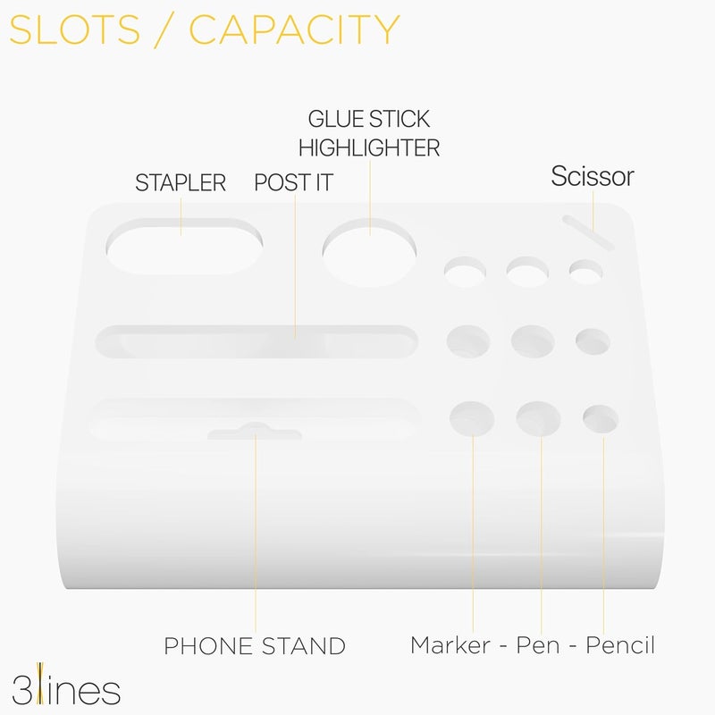 3 Lines Acrylic Tiny Twist Pen and Pencil Stationary Storage | Phone Stand | Mini Desk Organizer | Individual compartment for all the stationary | Home and Office Accessories | Pure White - Image 3