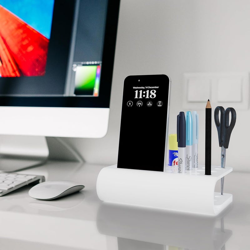 3 Lines Acrylic Tiny Twist Pen and Pencil Stationary Storage | Phone Stand | Mini Desk Organizer | Individual compartment for all the stationary | Home and Office Accessories | Pure White - Image 2