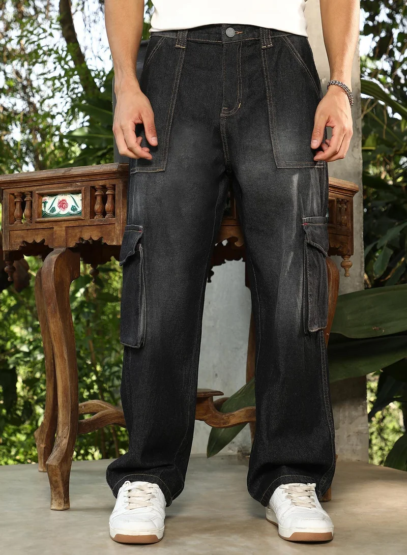 Campus Sutra Campus Sutra Men's Charcoal Black Washed Carpenter-Utility Denim Jeans For Casual Wear | Mid-Rise | Straight Fit | Button Closure | Denim Jeans Crafted With Comfort Fit For Everyday Wear