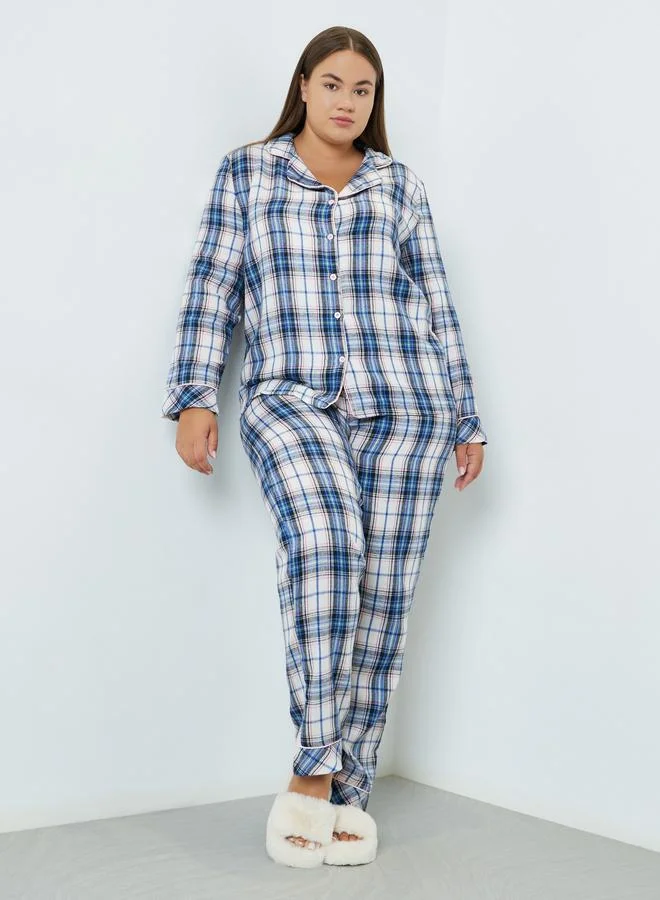 Styli Plus Size Checked Shirt and Pyjama Set