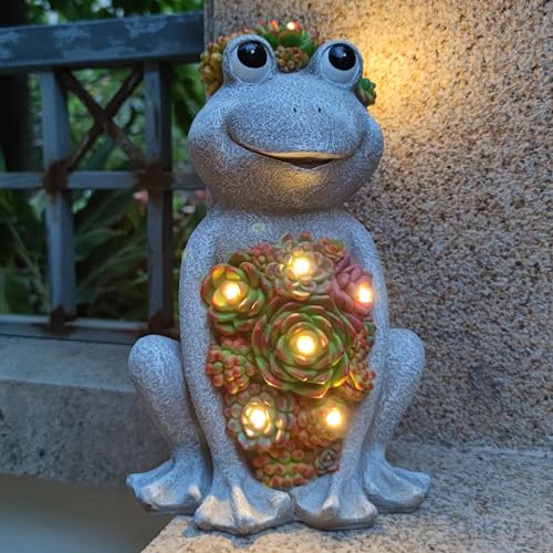 VIOYOUNS Large Frog Solar Garden Outdoor Statues with Succulent and 8 LED Lights,Outside Solar Frog Art Decor for Lawn,Yard, Balcony Ornament - Image 1