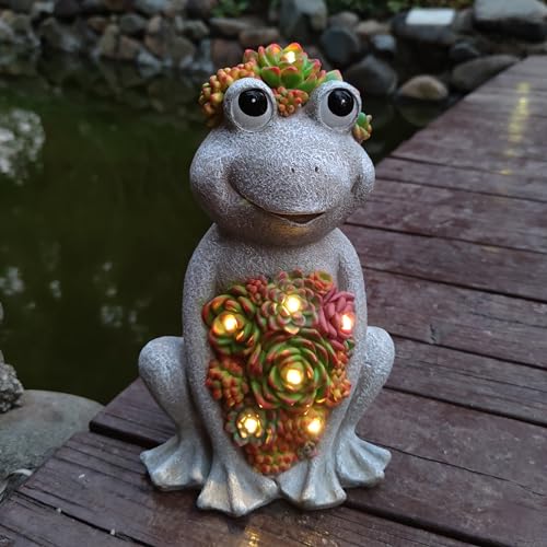 VIOYOUNS Large Frog Solar Garden Outdoor Statues with Succulent and 8 LED Lights,Outside Solar Frog Art Decor for Lawn,Yard, Balcony Ornament - Image 4