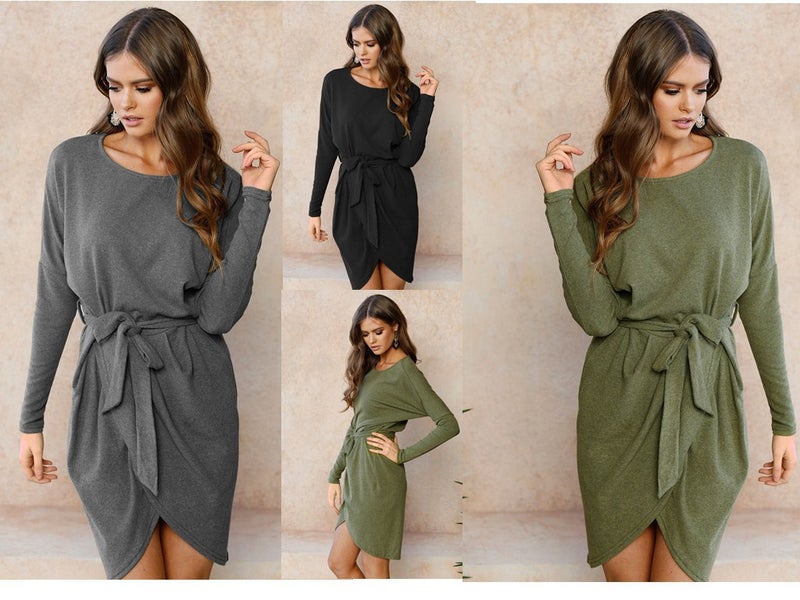 ebay wish hot-selling cross-border popular European station round neck loose long sleeve irregular dress gray L - Image 2