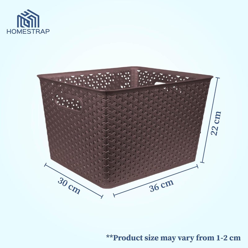 HomeStrap مجموعة HomeStrap من 3 منظمات تخزين بلاستيكية بدون غطاء/سلال للمطبخ، الملابس، الخضروات متعددة الاستخدامات، الألعاب، الكتب، المكتب، القرطاسية، خزانة الملابس (كبير|بني، مستطيل) - Image 3