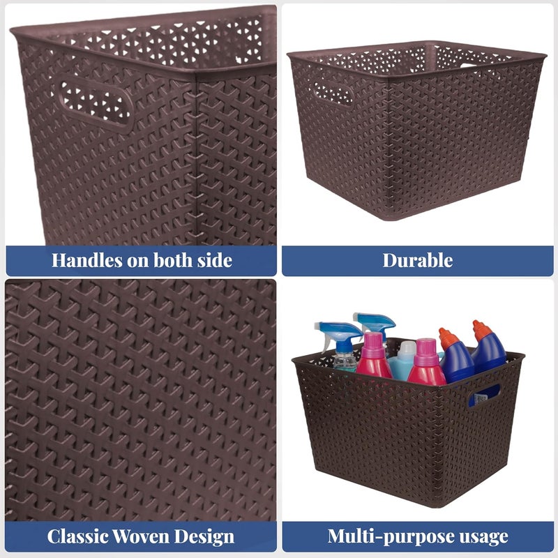 HomeStrap مجموعة HomeStrap من 3 منظمات تخزين بلاستيكية بدون غطاء/سلال للمطبخ، الملابس، الخضروات متعددة الاستخدامات، الألعاب، الكتب، المكتب، القرطاسية، خزانة الملابس (كبير|بني، مستطيل) - Image 5
