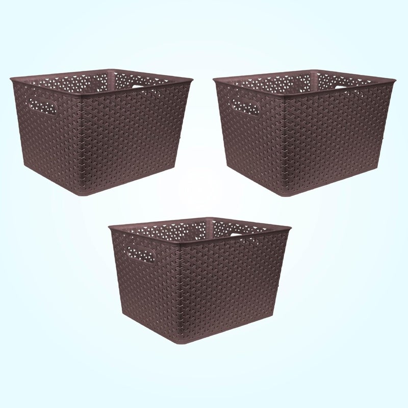 HomeStrap مجموعة HomeStrap من 3 منظمات تخزين بلاستيكية بدون غطاء/سلال للمطبخ، الملابس، الخضروات متعددة الاستخدامات، الألعاب، الكتب، المكتب، القرطاسية، خزانة الملابس (كبير|بني، مستطيل) - Image 2