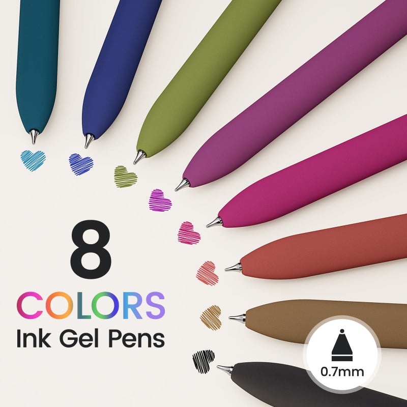 JIMMIDDA Colorful Gel Pens - 8 Pcs Colored Ink Pens Coloring | 0.7MM Smooth Writing Medium Point - Quick Drying Retractable Colored Pen for Journaling Note Taking (Vintage - 8Pcs - Image 2