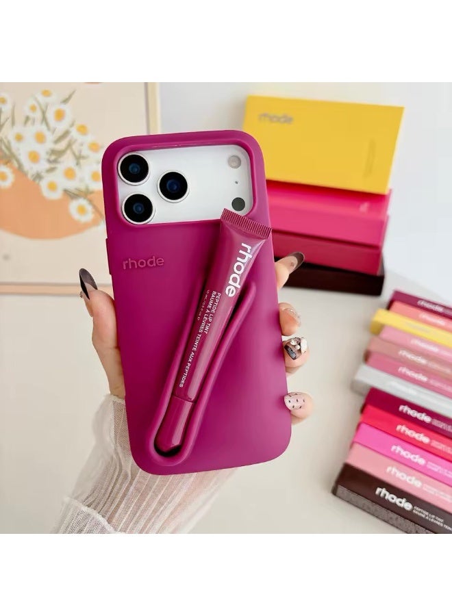 rhode Lip Gloss Phone Case with Lip Tint, For iPhone Case Liquid Silicone Camera Protection Lipstick Lip Glaze Phone Case for iPhone 17 Pro (Raspberry)