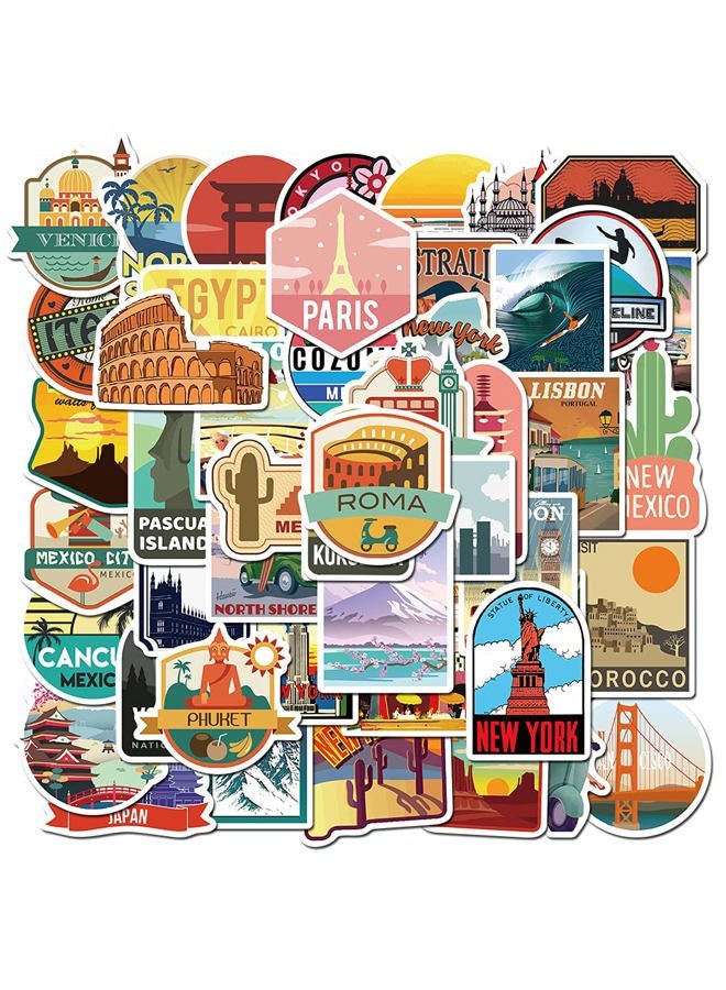 PRETTY SUNSHINE 50Pcs Travel Stickers Decal, Waterproof Vinyl Stickers Pack for Luggage, Laptop, Scrapbook, Skateboard, Water Bottle, Bumper, Phone, Vintage Stickers - Image 1