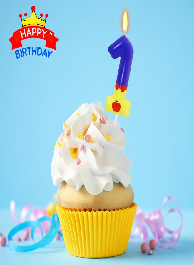 OGnomiFX Blue and Yellow 1 Birthday Candle, Fairy Tale Number 1 Candle Cake Topper with Apple Pattern, Princess Cartoon Themed Birthday Party Supplies - Image 3
