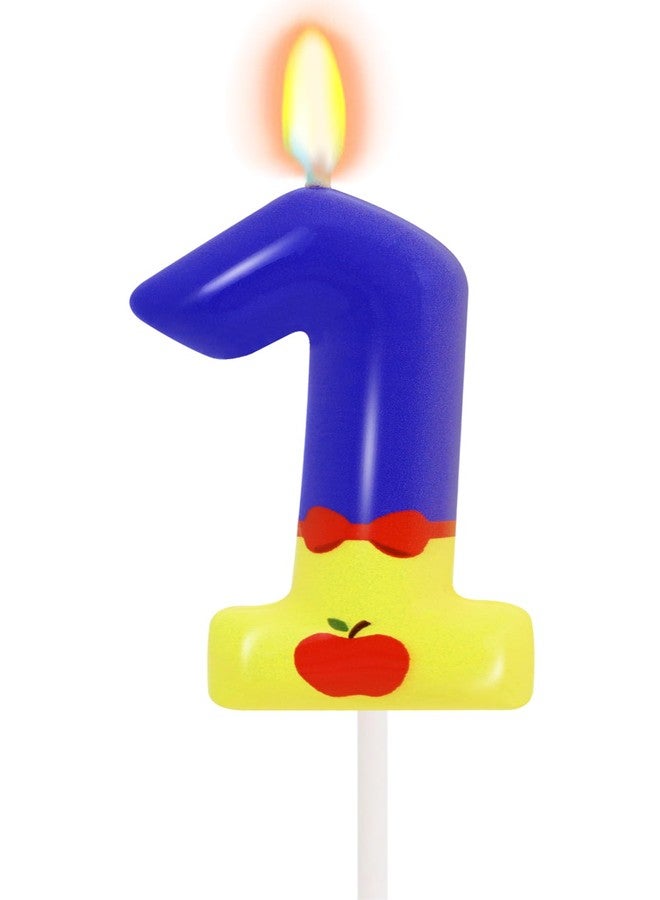 OGnomiFX Blue and Yellow 1 Birthday Candle, Fairy Tale Number 1 Candle Cake Topper with Apple Pattern, Princess Cartoon Themed Birthday Party Supplies - Image 1