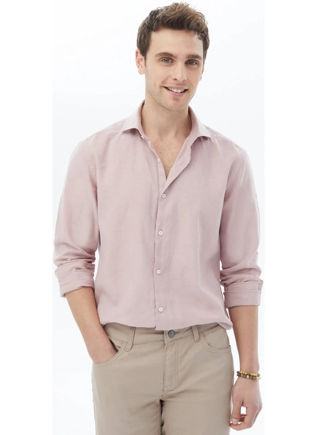 Kip Pink Plain Regular Fit Woven Casual Cotton Blend Shirt