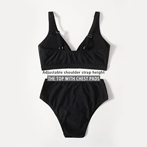 MIENOE Teen Girls' Swimsuits Two-Piece V-Neck Bikini Solid Color Adjustable Shoulder Straps Kids Black Bikini (Size 10-11 Years) - Image 2
