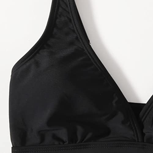 MIENOE Teen Girls' Swimsuits Two-Piece V-Neck Bikini Solid Color Adjustable Shoulder Straps Kids Black Bikini (Size 10-11 Years) - Image 4
