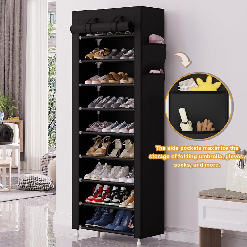 Calmootey 9 Tier Shoe Rack Organizer,Portable Shoe Shelf with Nonwoven Fabric Cover for Closet Hallway,Bedroom,Entryway,Black - Image 4
