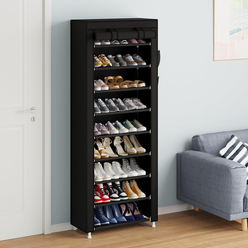 Calmootey 9 Tier Shoe Rack Organizer,Portable Shoe Shelf with Nonwoven Fabric Cover for Closet Hallway,Bedroom,Entryway,Black - Image 5
