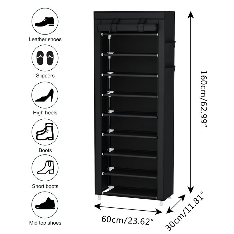 Calmootey 9 Tier Shoe Rack Organizer,Portable Shoe Shelf with Nonwoven Fabric Cover for Closet Hallway,Bedroom,Entryway,Black - Image 3