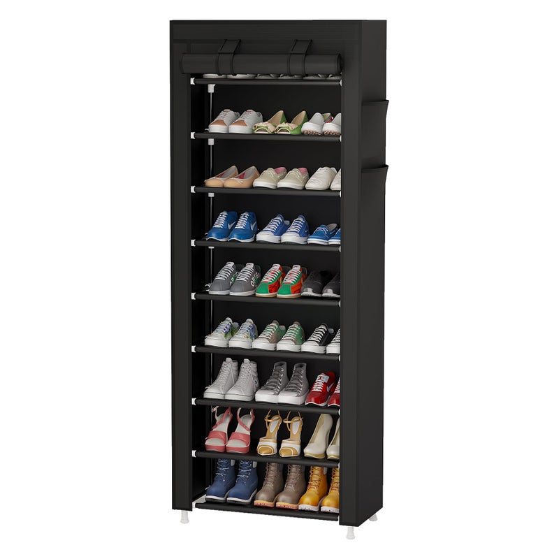 Calmootey 9 Tier Shoe Rack Organizer,Portable Shoe Shelf with Nonwoven Fabric Cover for Closet Hallway,Bedroom,Entryway,Black - Image 1